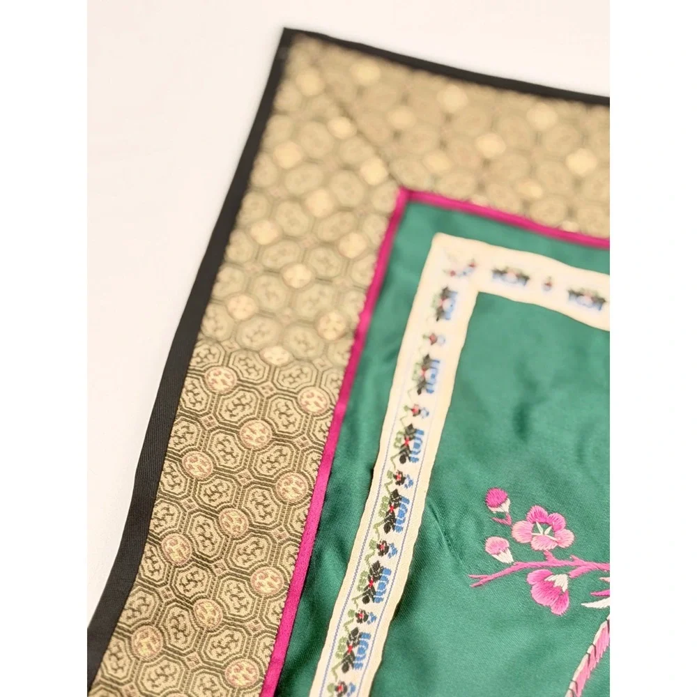 Vintage Chinese Hand Embroidered Silk Textile Bird Cherry Blossom Green 12x12